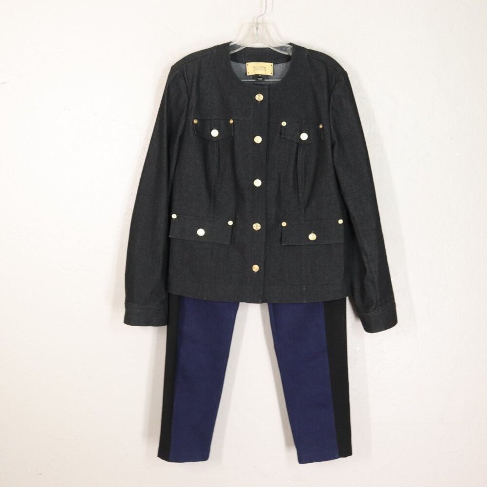 St John Sport Pant Suit 10 Black Navy Blue Denim Snap Pullon Leggings